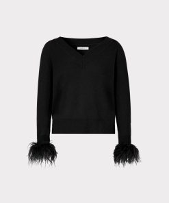 Feather Cuff V-neck Sweater