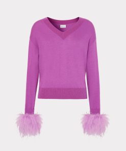 Feather Cuff V-Neck Sweater